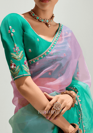 Gulbagh Tissue Silk Saree In Light Green And Soft Pink