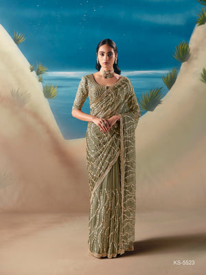 Roshni Tissue Silk Hand Embroidered Saree In Olive Green