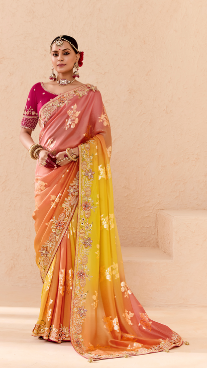 Shaded Peach, Orange & Yellow Tussar Silk Saree