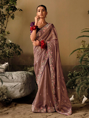 Brown Soft Silk Saree With Floral Embroidery & Purple Blouse