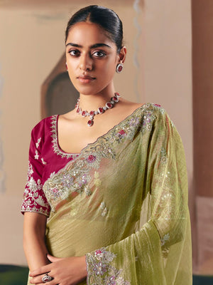 Light Green Fancy Fabric Saree with Thread & Sequin Work and Maroon Blouse