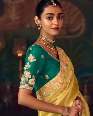 Mustard Yellow Silk Saree with Hand Embroidery