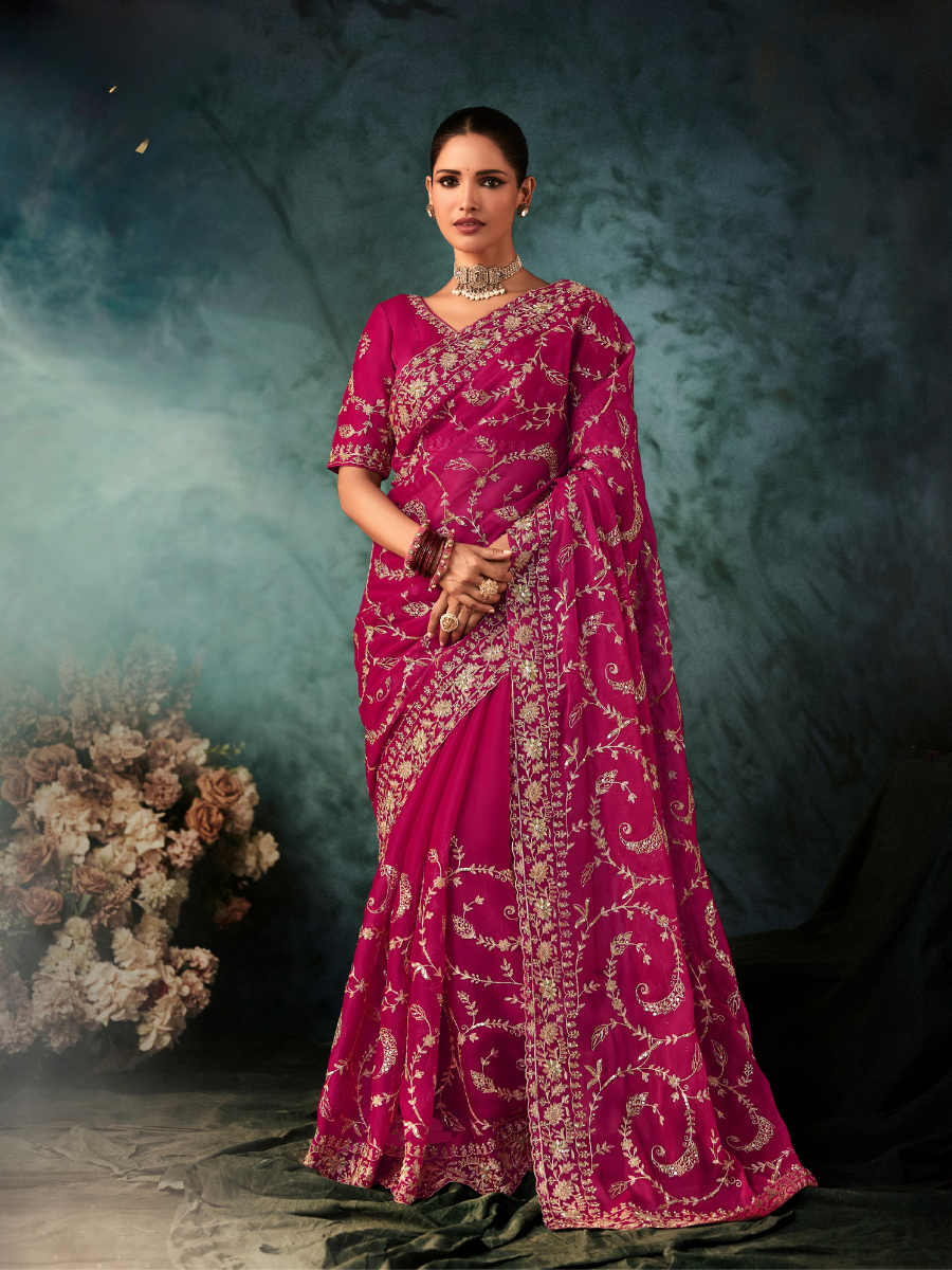 Abha Organza Saree In Rani Pink