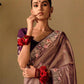 Brown Soft Silk Saree With Floral Embroidery & Purple Blouse