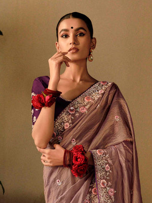 Brown Soft Silk Saree With Floral Embroidery & Purple Blouse