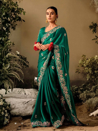 Green Soft Silk Saree With Heavy Embroidery & Matching Blouse