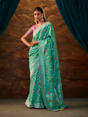 Green Banarasi Silk Saree with Colorful Floral Weaving