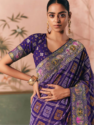 Purple Pure Georgette Bandhani Saree With Detailed Border