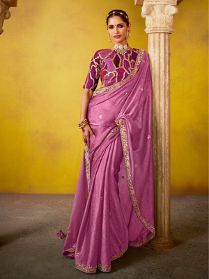 Rose Color Tissue Silk Saree with Embroidered Border and Matching Designer Blouse