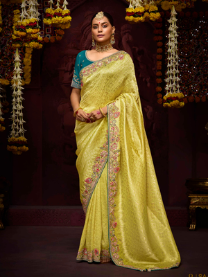 viscose tissue silk zari weave lime yellow saree