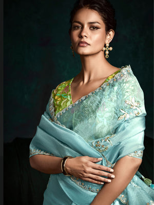 ICE BLUE DESIGNER ORGANZA SAREE- A VISION OF TRANQUIL BEAUTY