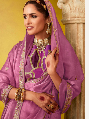 Rose Color Tissue Silk Saree with Embroidered Border and Matching Designer Blouse