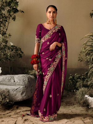 Wine Soft Silk Saree With Heavy Embroidery & Designer Blouse
