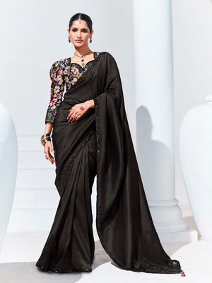 Black Saree with Floral Embroidered Blouse