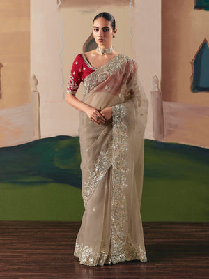 Beige Fancy Fabric Saree with Thread & Sequin Work and Red Blouse