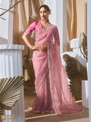Light Pink Organza Saree with Multi Sequins Work