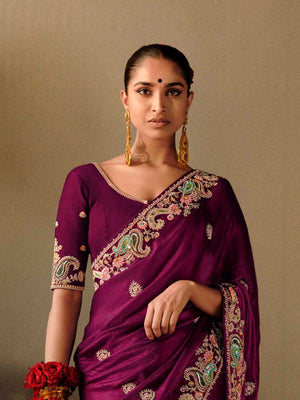 Wine Soft Silk Saree With Heavy Embroidery & Designer Blouse