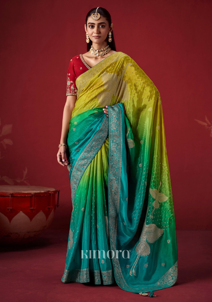 Eshira Weaving Soft Silk Saree In Lime Green