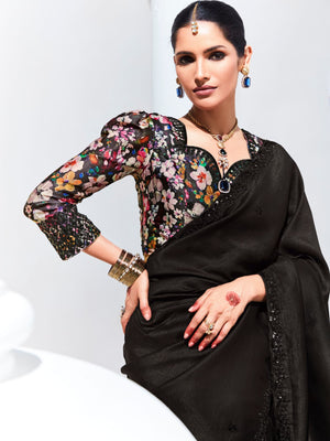 Black Saree with Floral Embroidered Blouse