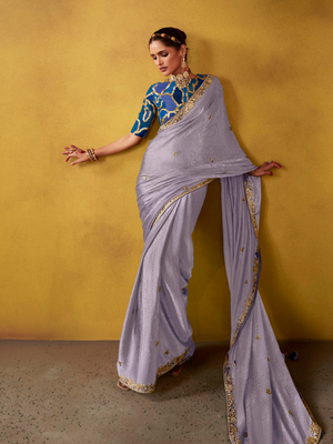 Lavender Tissue Silk Saree with Embroidered Border and Contrast Blue Blouse