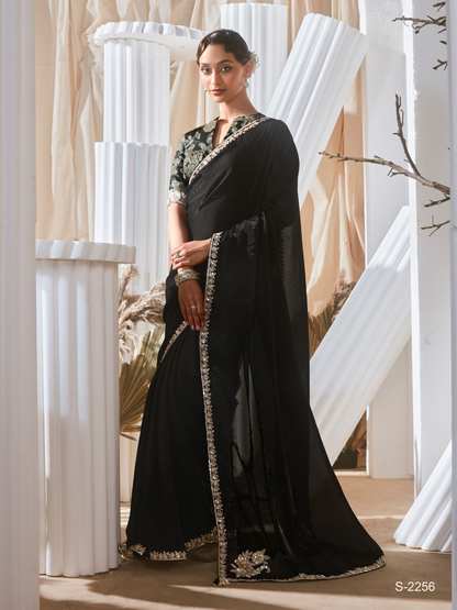 Black Organza Saree with Multi Sequins Work & Black Floral Print Blouse – Kimora