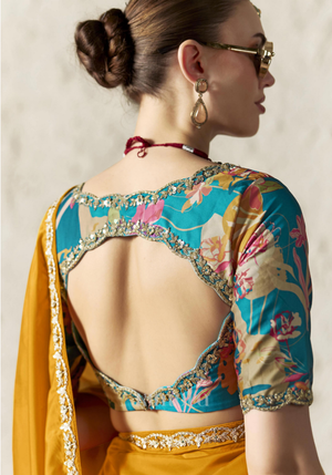 Turquoise Blue Linen Satin Blouse with Tropical Floral Print Edges, Designer Wedding and Festive Blouse