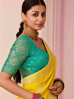 Marigold Yellow Weaving Silk Saree with Teal Blouse