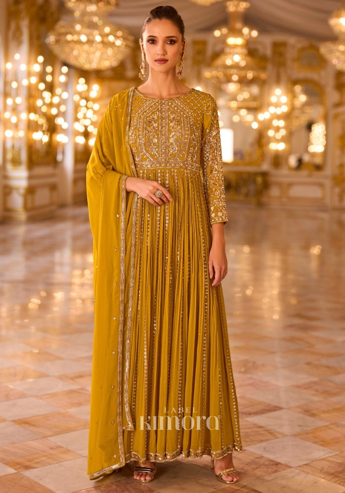 Mughal georgette Musturd Yellow Floor Suit By Label Kimora