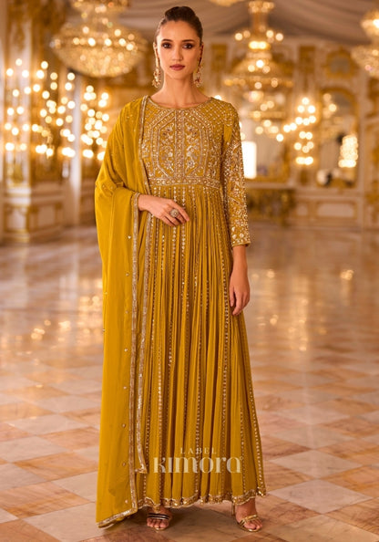 Mughal georgette Musturd Yellow Floor Suit By Label Kimora