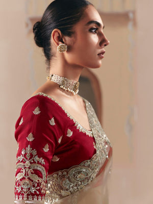 Beige Fancy Fabric Saree with Thread & Sequin Work and Red Blouse