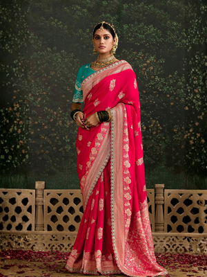 Red Banarasi Dola Silk Saree With Golden Zari Work