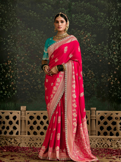 Red Banarasi Dola Silk Saree With Golden Zari Work