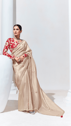 ELEGANT BEIGE SILK SAREE WITH EMBROIDERED RED BLOUSE - Kimora.in