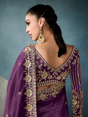 Purple Heavy Embroidery Saree with Blouse