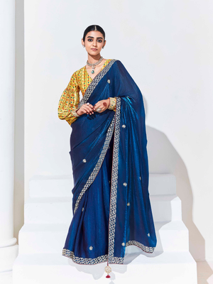 Royal Blue Silk Saree With Yellow Printed Blouse
