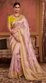 PINK SILK WOVEN SAREE WITH CONTRASTING YELLOW BLOUSE - Kimora.in