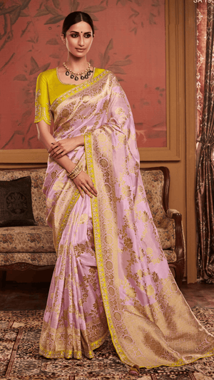 PINK SILK WOVEN SAREE WITH CONTRASTING YELLOW BLOUSE - Kimora.in