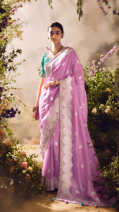 The Royal Orchid: A Banarasi Masterpiece in Lavender & Teal