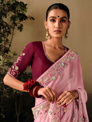 Pink Soft Silk Saree With Heavy Embroidery & Wine Blouse
