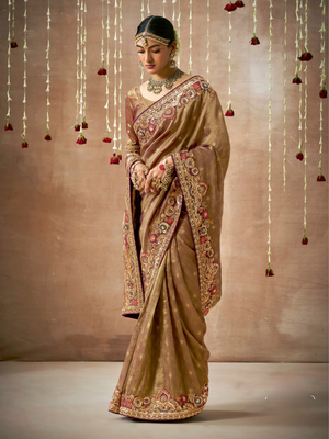 Brown Dola Silk Saree with Zari & Stone Work