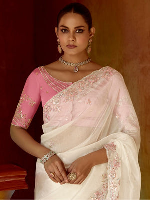 White Fancy Fabric Saree with Pink Embroidery Blouse