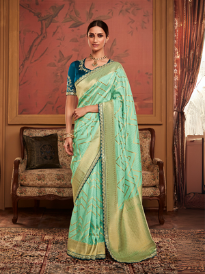 Sea Green Banarasi Saree with Teal Blouse and Zari Embroidery