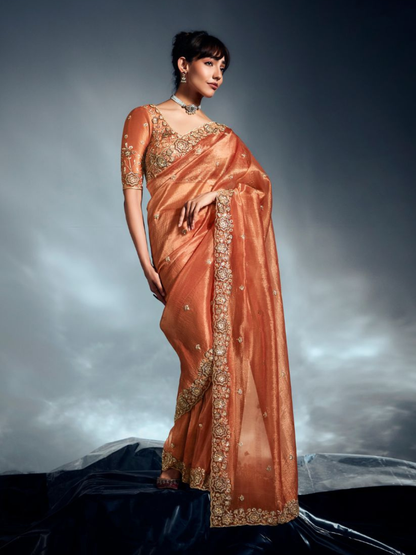 Orange Tissue Silk Saree with Embroidered Blouse