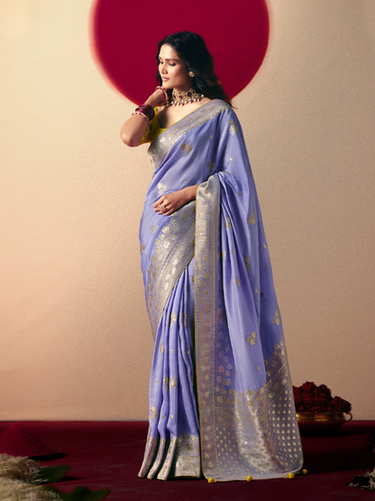 Sky Blue Weaving Banarasi Saree with Yellow Blouse