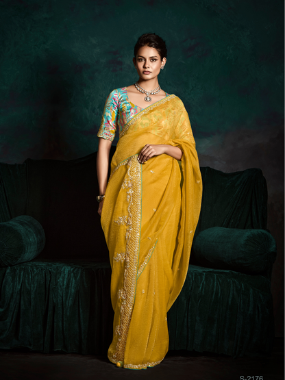 Yellow Organza Tissue Saree with Crush Effect & Printed Blouse