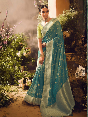 Teal Blue Banarasi Zari Tissue Saree – A Dreamy Drape By Kimora