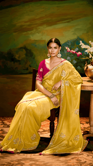 SUNSHINE ELEGANCE: YELLOW SILK SAREE WITH RED BLOUSE & COLORFUL EMBROIDERY - Kimora.in