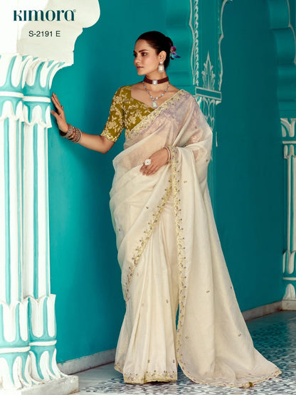 Organza Saree with Embroidered Border & Green Designer Blouse