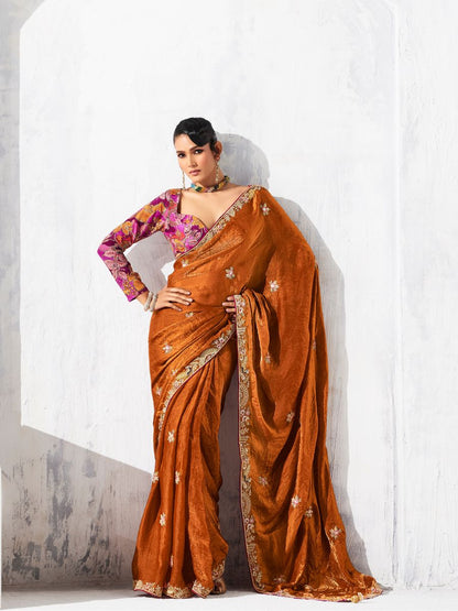 Orange Fancy Silk Saree With Work and Designer Blouse