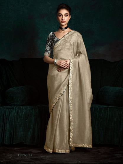 Beige Crush Fabric Saree with Printed Silk Blouse